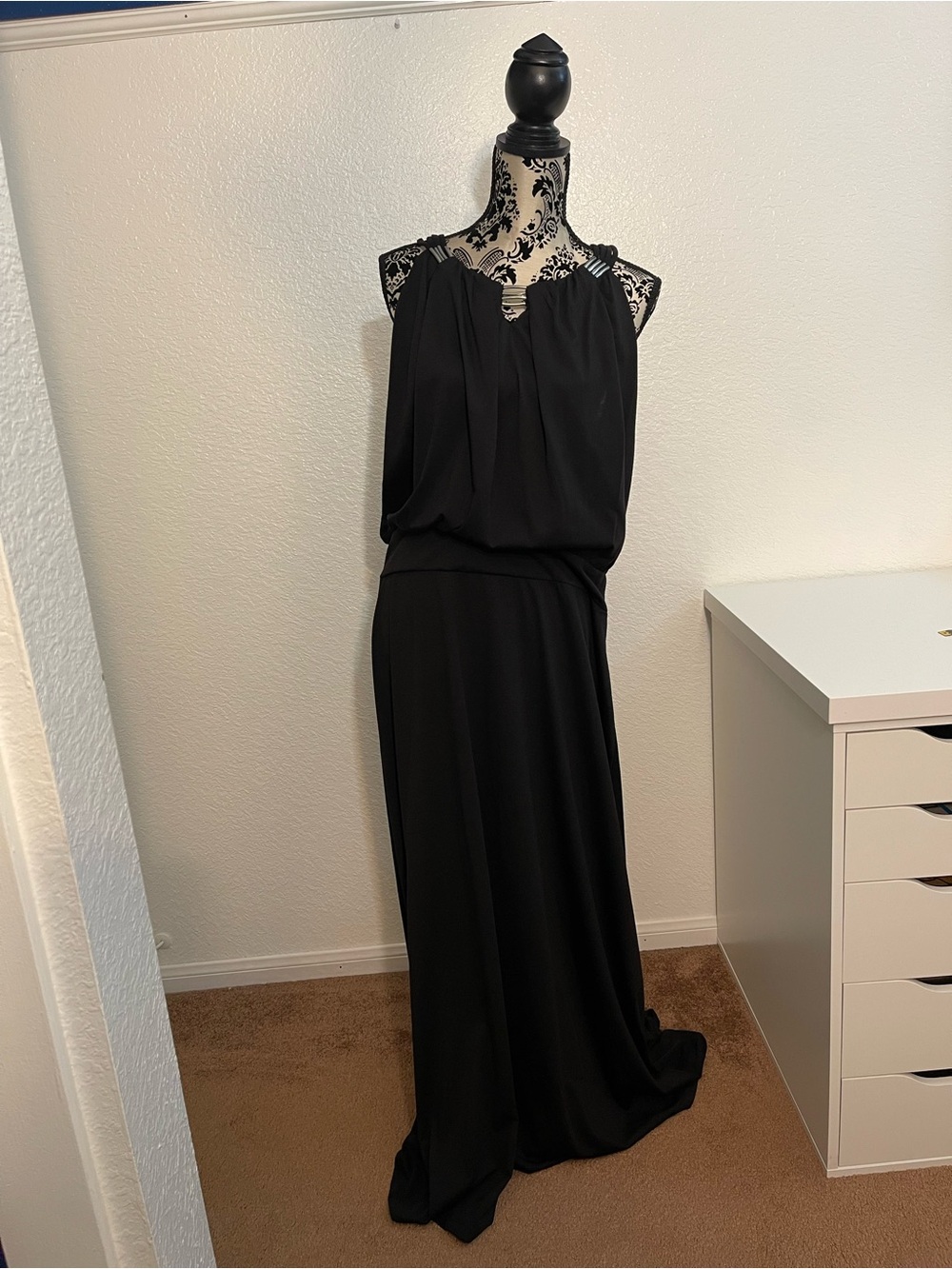 Black & White Print Jeweled Neckline Maxi Dress